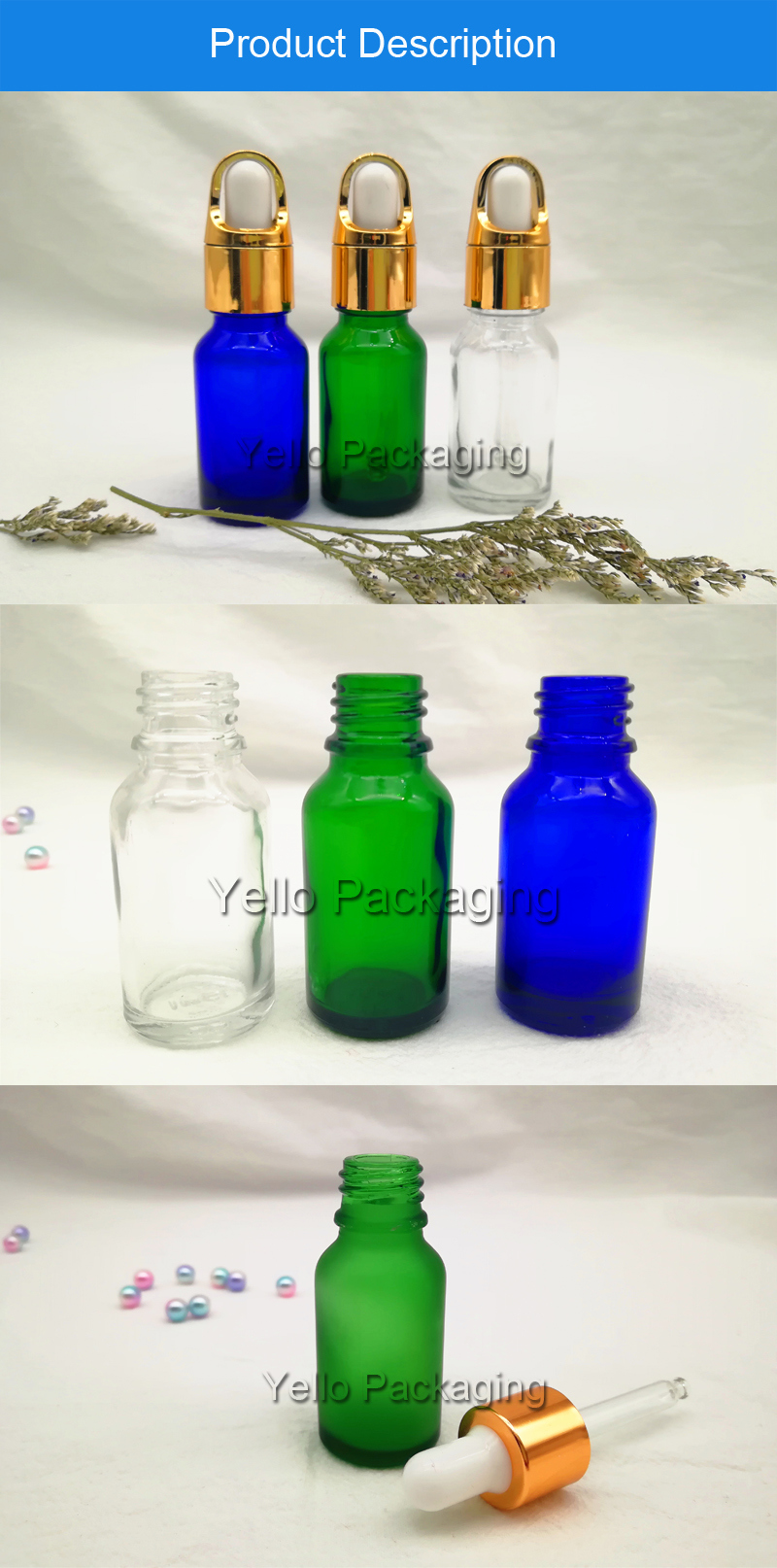 Cosmetic Packaging Colored Glass Dropper Bottles for Essential Oil