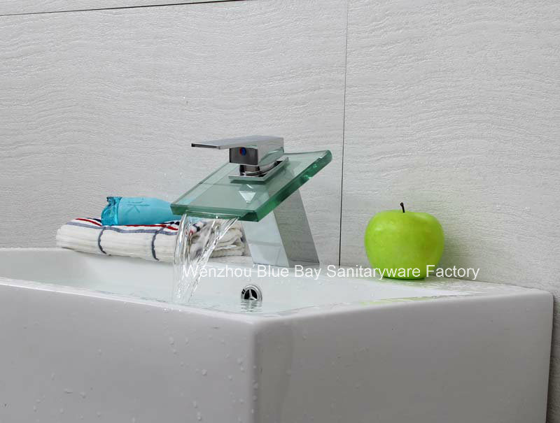 Square Brass Bathroom Waterfall LED Vessel Faucet