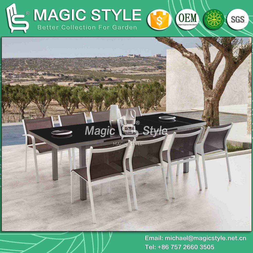 Outdoor Textile Dining Set Garden Sling Chair Extension Table with Glass Textile Dining Armchair Stackable Chair