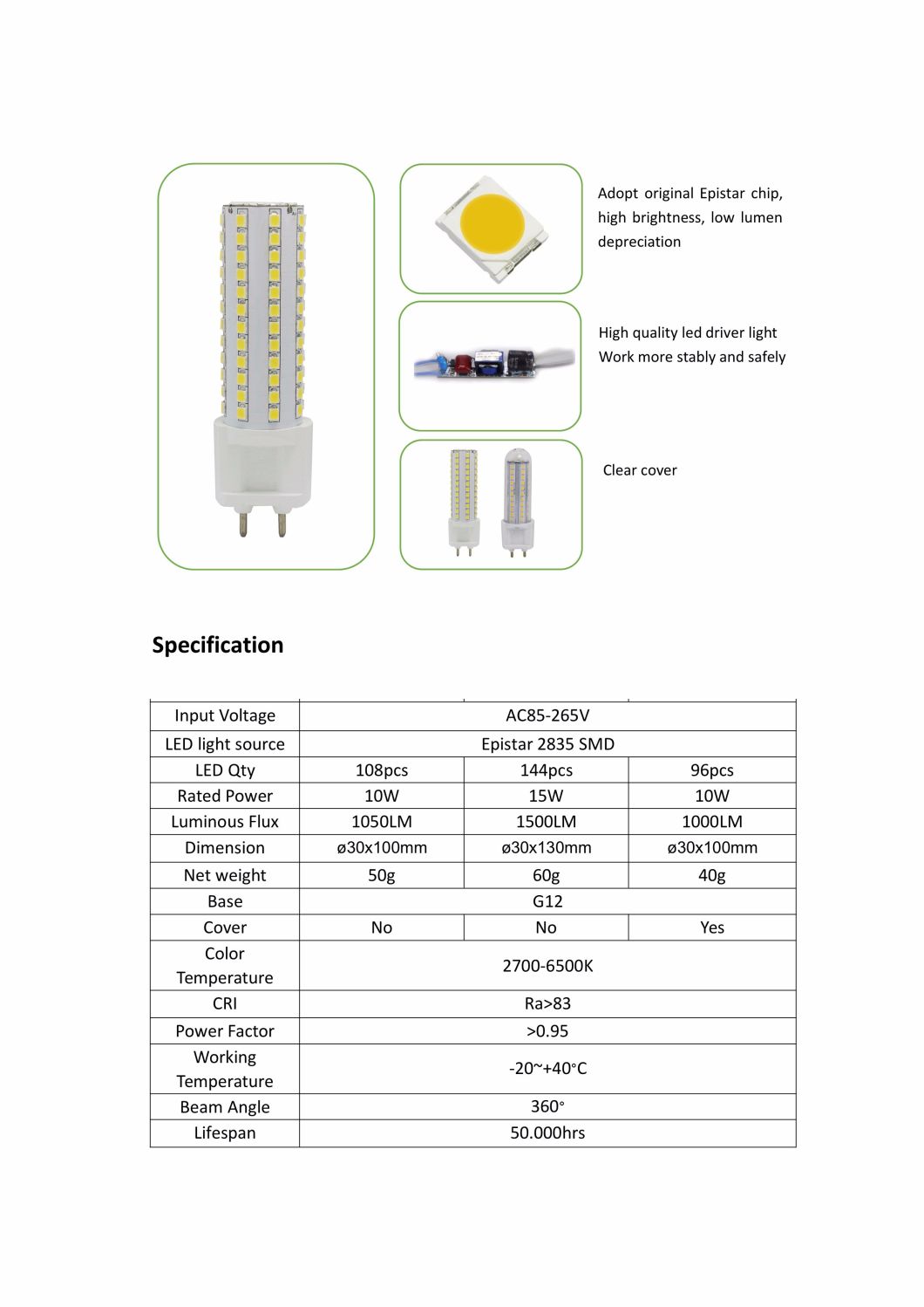 230V 15W G12 LED Lamp Ce UL