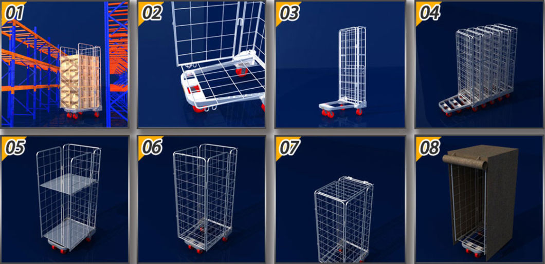 European Supermarket Multi-Layer Foldable Nesting Mesh Roll Container Trolleys