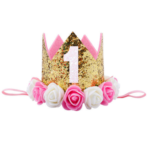 Kids Baby 1st Birthday Hat Glitter Crown Flower Head Hair Band Party Headwear