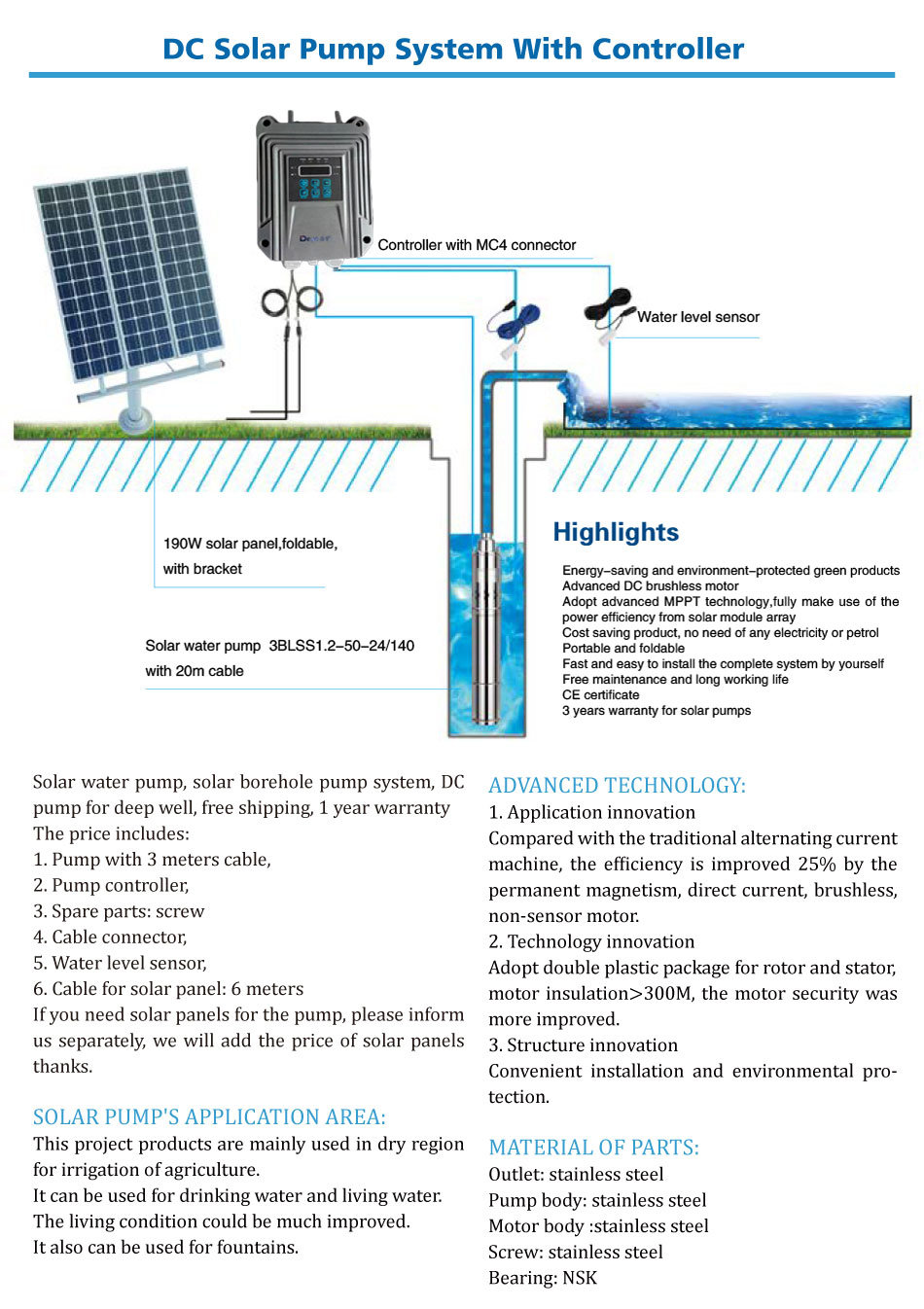 DC 48V Solar Water Pump Input Power 120W Head 16m Flow 1.8t/H