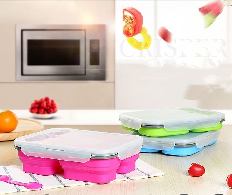 BPA Free 3 Holes Leakproof Foldable Silicone Bento Lunch Box with Fork