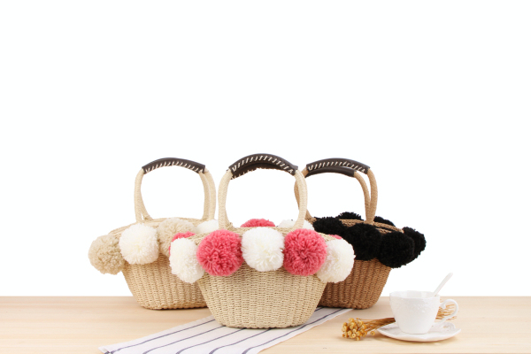 2018 Fashion POM POM Straw Tote Bag, Summer Beach Basket Weave POM POM Straw Bag