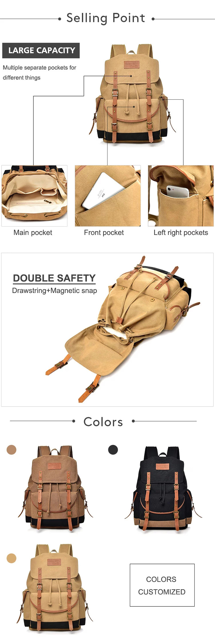 Outdoor Travel Sports Fashion Canvas School Backpack with Big Capacity