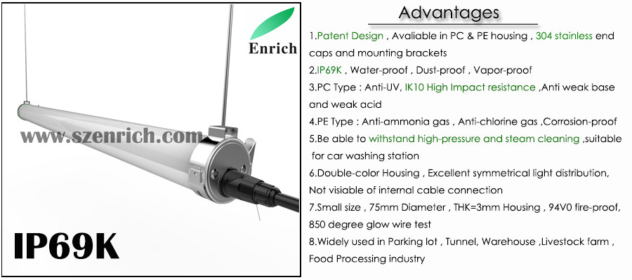 New Design Double Side Connector IP69K 1200mm 40W Circular LED Tri-Proof Linear Light with 120lm/W