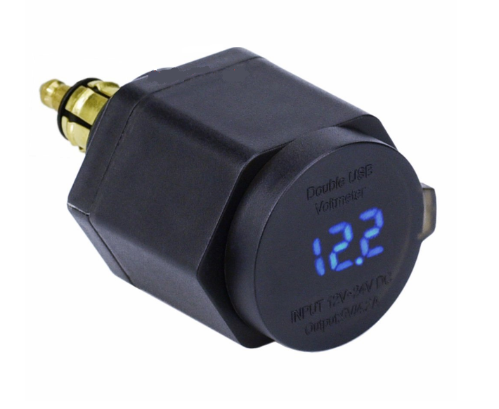 12V-24V Dual USB Charger DIN Plug LED Voltmeter for Motorcycle