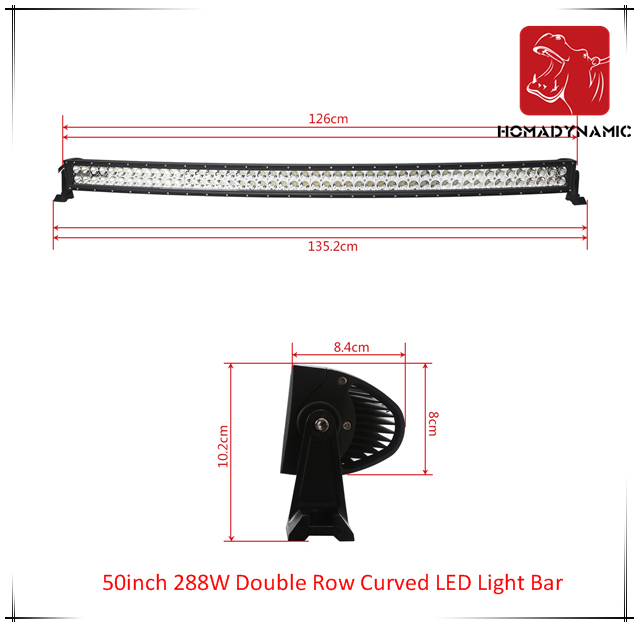 LED Car Light of 50inch 288W Double Row Curved LED Light Bar Waterproof for SUV Car LED off Road Light and LED Driving Light