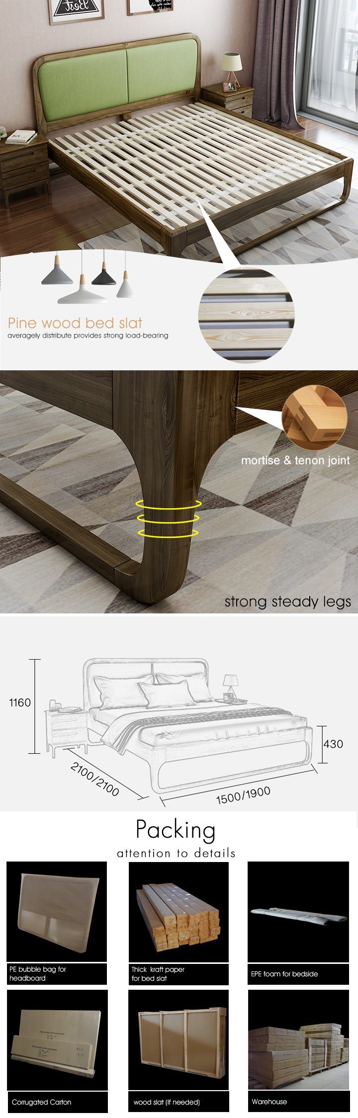 Modern Indoor Furniture Bedroom Set Solid Wood Bed for Home