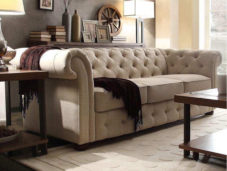 Linen Button Tufted Chesterfield Sofa