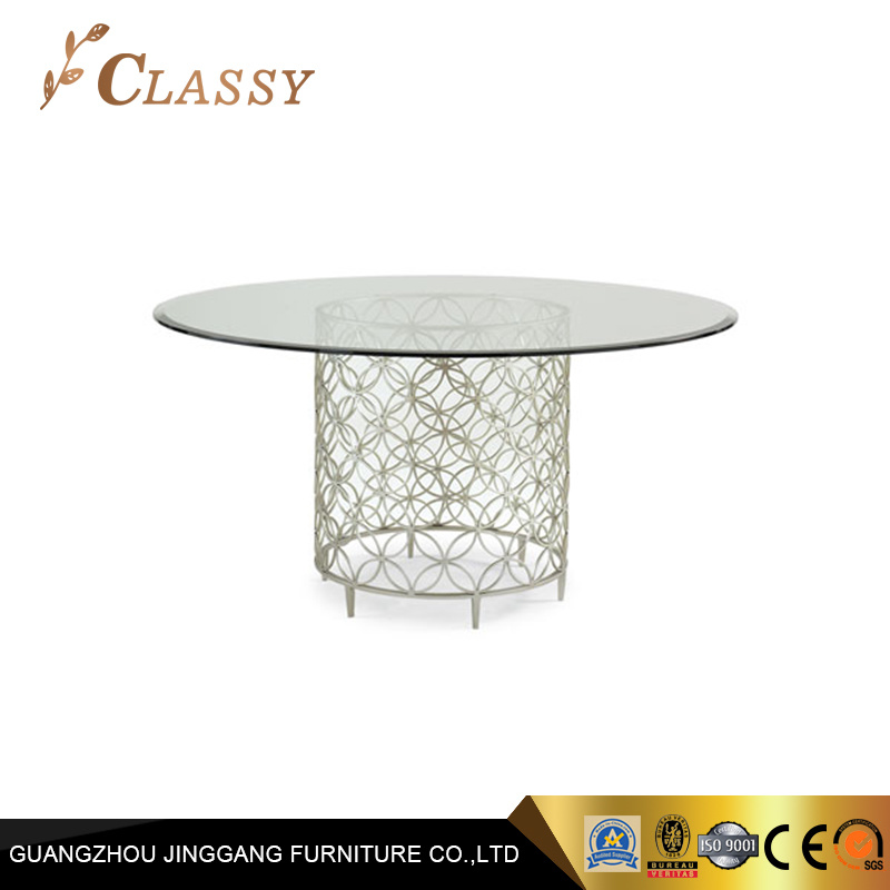 Silver Metal Base Dining Table Tempering Glass Top Restaurant Furniture