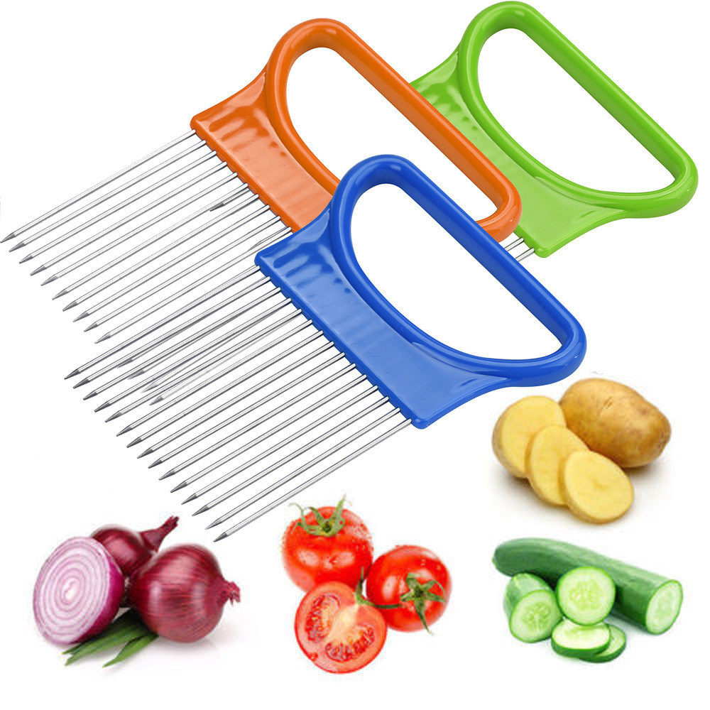 Stainless Steel Tomato Onion Vegetables Slicer Cutting Aid Holder Guide Slicing Cutter Safe Metal Fork Gadget Kitchen Tools #2dq