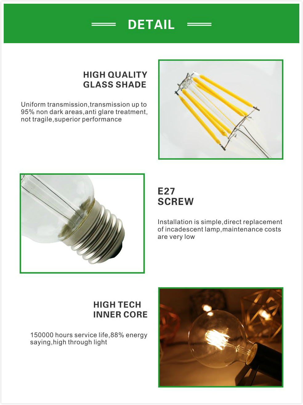 E27 A60 6W Long Filament LED Light Energy Saving Bulb