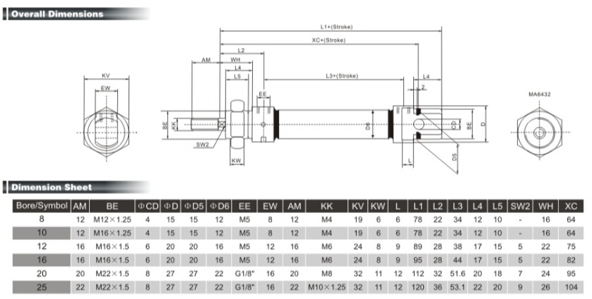 Ma6432 Series Stainless Steel Mini Pneumatic Cylinder