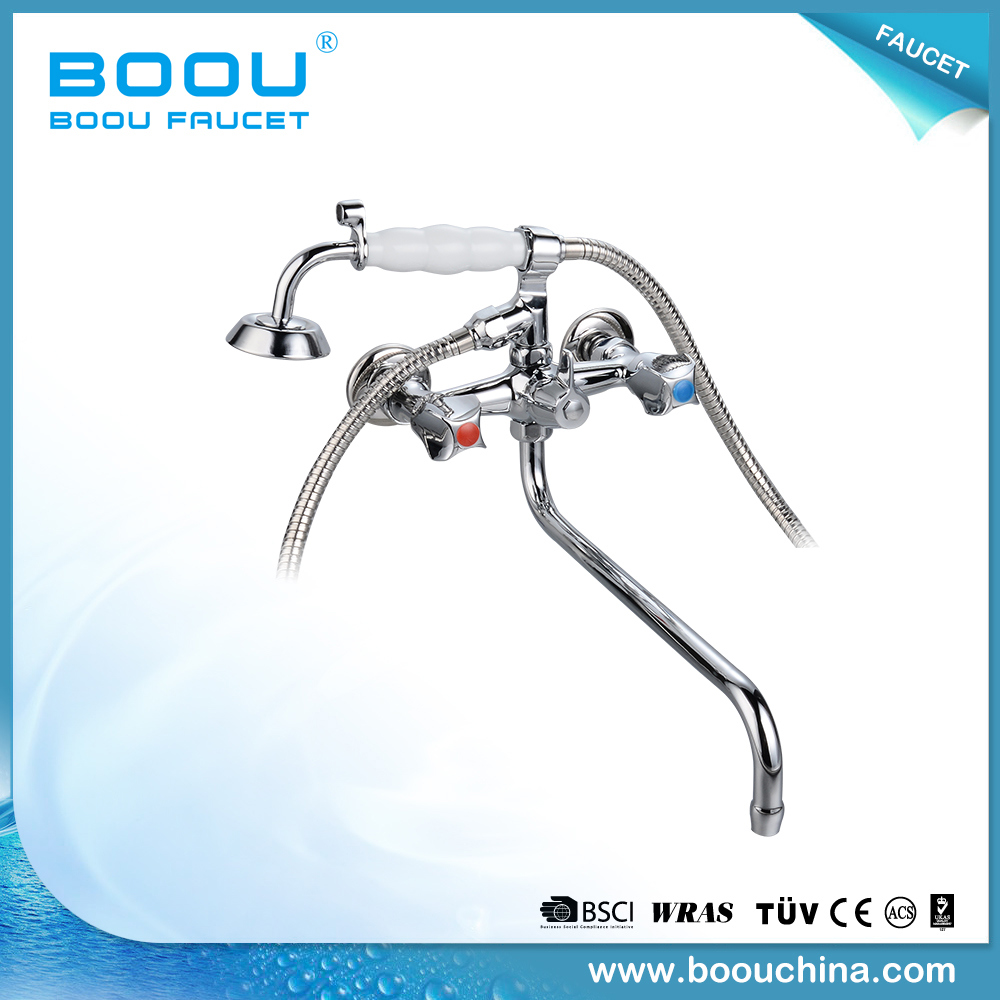 Boou Double Handle Long Spout Bath Tub Brass and Zinc Washing Faucet