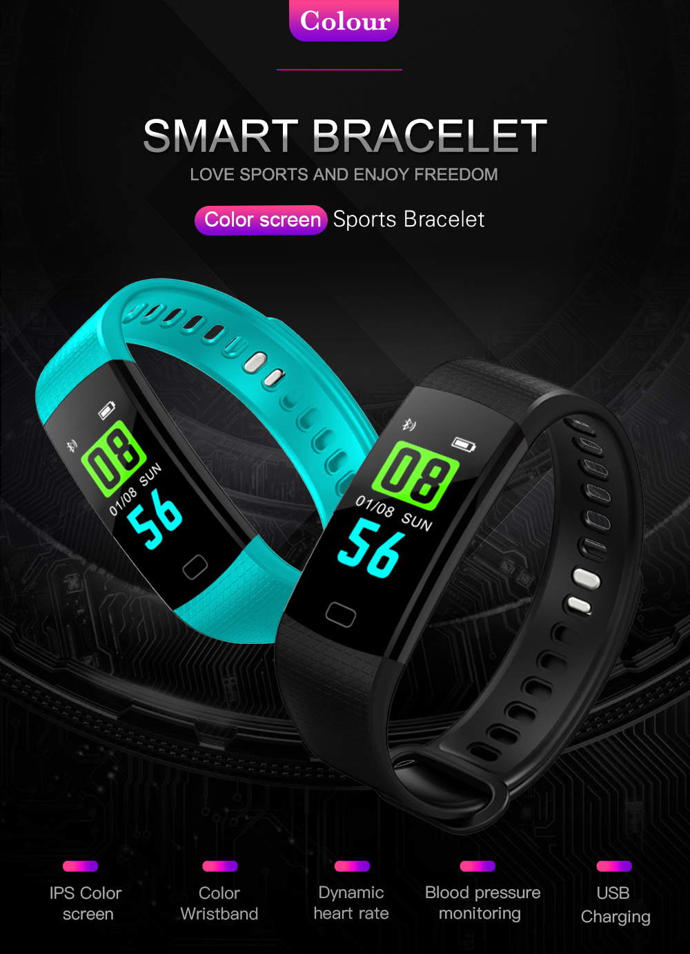 Fashion Smart Sports Watch Touch Screen Waterproof Smart Wristband Bracelet Watch with Heart Rate/Sleep Monitoring/Pedometer/Sedentary Reminder/Blood Pressure