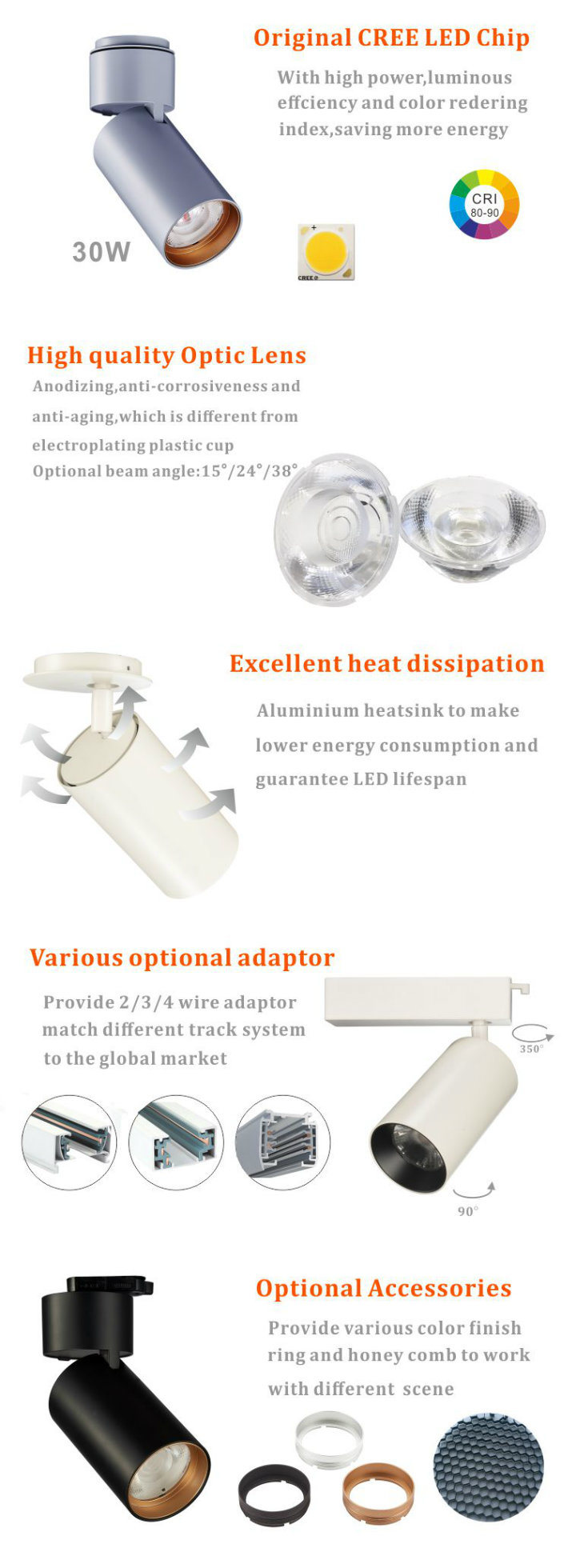 Adjustable 25W 30W 90lm/W Surface Mounted COB LED Spot Ceiling Track Spot Light