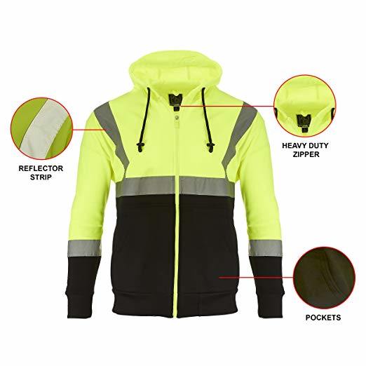 Mens Fleece High Visibility Full Zip Hoodie Safety Sweatshirt Reflective Detail Safety Yellow