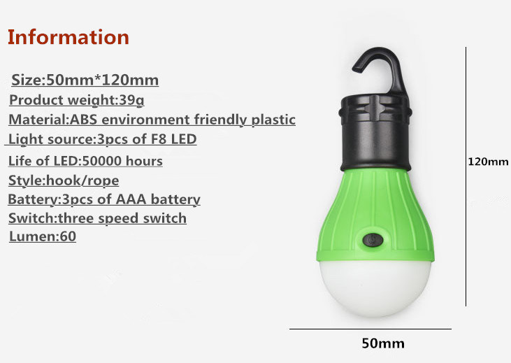 2018hot Sale 3LED Lamp Bulb Shape Colorful Camping Lantern with Battery