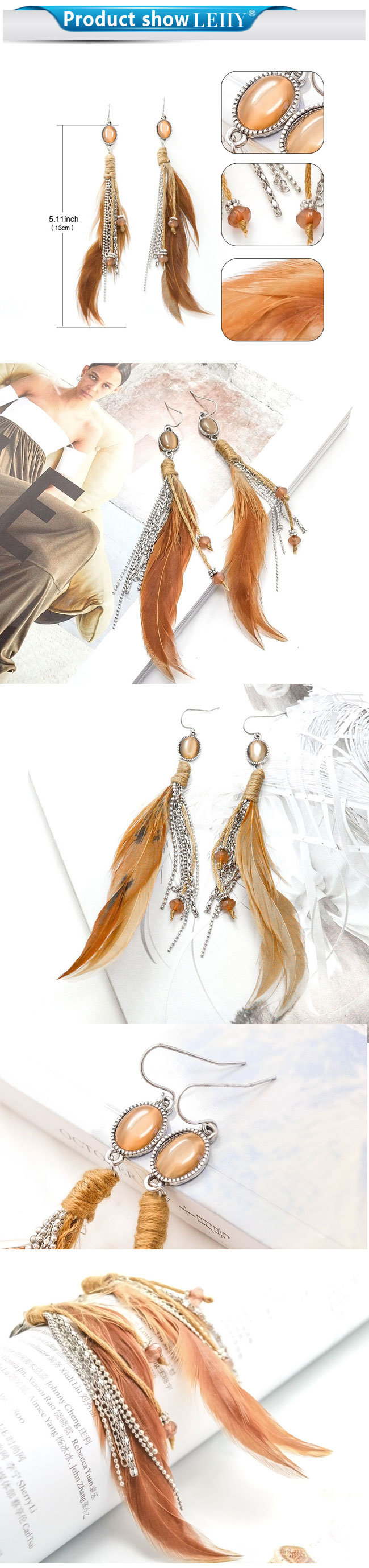 Women Opal Dangle Fashion Jewelry Brown Feather Tassel Drop Earring