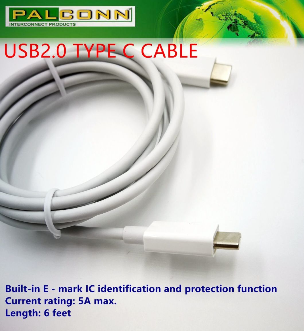 Fast Charging Data Cable, Type C Cable, E-MARK IC, Meet Current~5A, for Type C Pd Power Adapter, RoHS Compliant. 23AWG UL2725