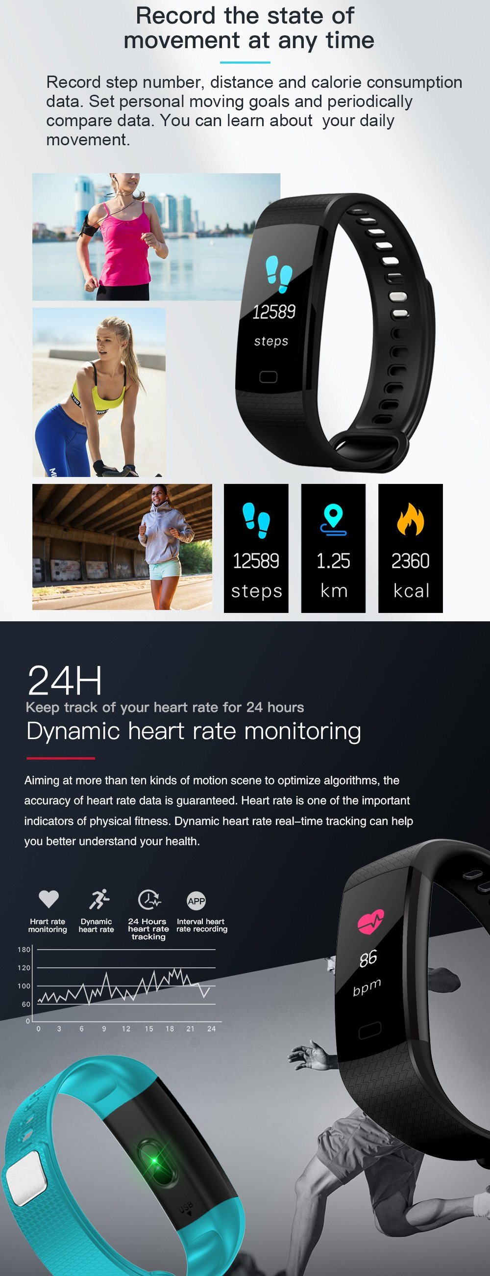 Smart Bracelet Band Wristband Fitness Tracker Smart Watch Phone Bracelet Watch with Heart Rate Monitor, Blood Pressure Monitor