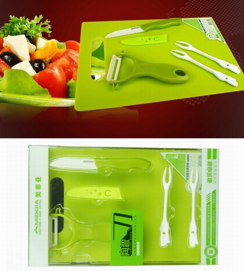 6PCS Ceramic Fruit Forks with Chopping Boad/Knife/Peeler Set