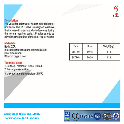 Gas regualtor Temperature and Pressure Relief Valve for Solar Water Heater BCTPV01