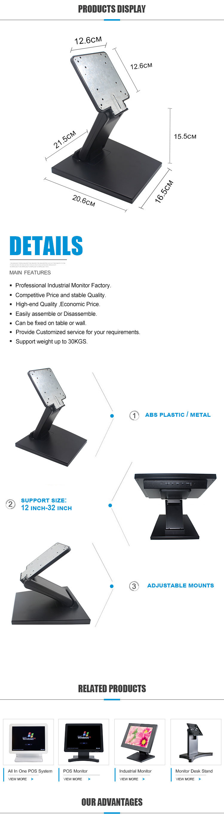 Professional Vesa Stand, Desktop Stand/Bracket Selling with 12inch to 32inch Monitor/Display/POS Computer/ All in One PC