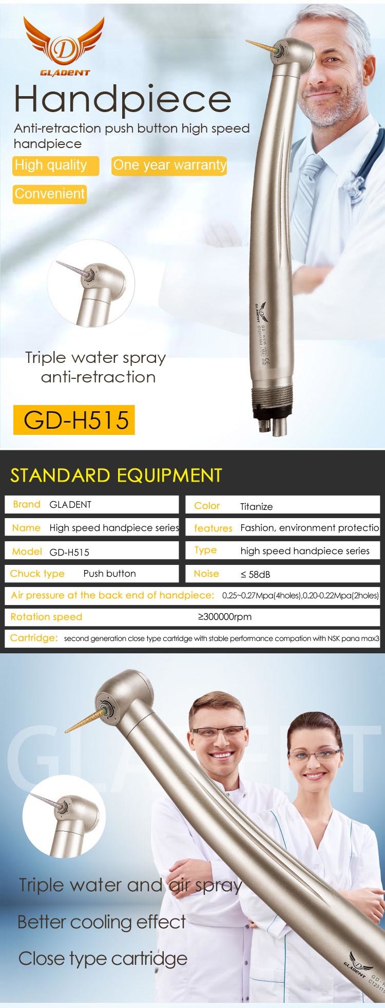 High Quality Ce Approved Handpiece Dental Handpiece/Dental High Speed Handpiece/Electric Dental Handpiece