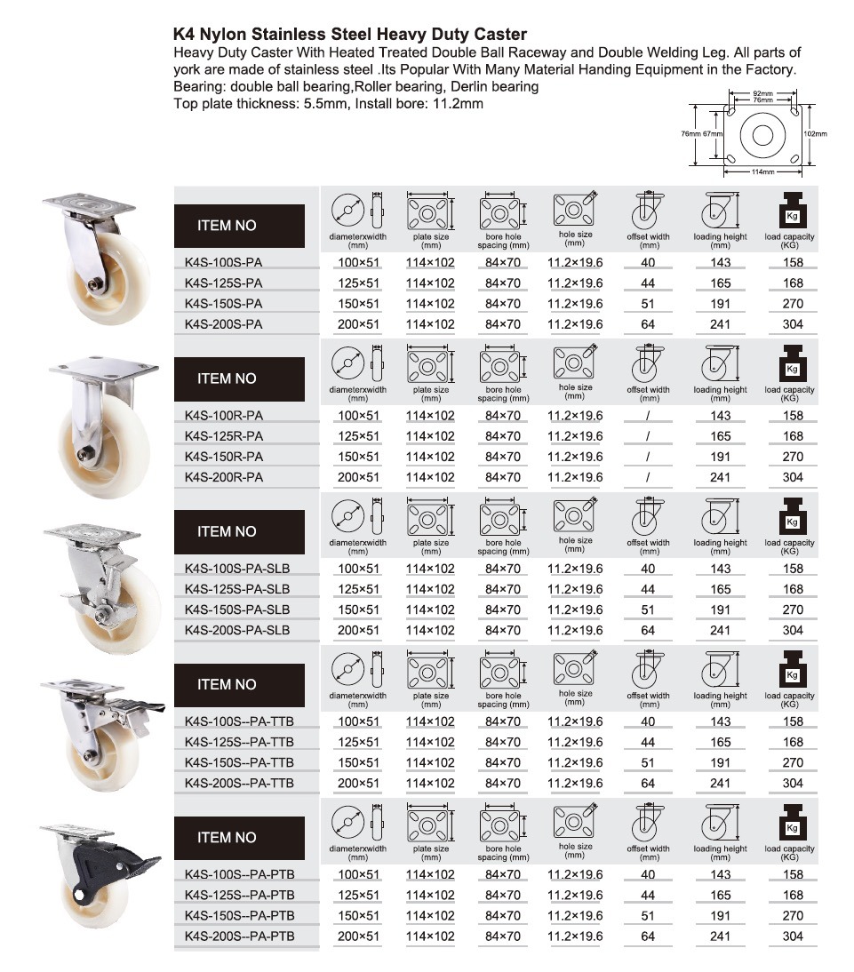 Side Brake PA Heavy Duty Caster, Stainless Steel Caster