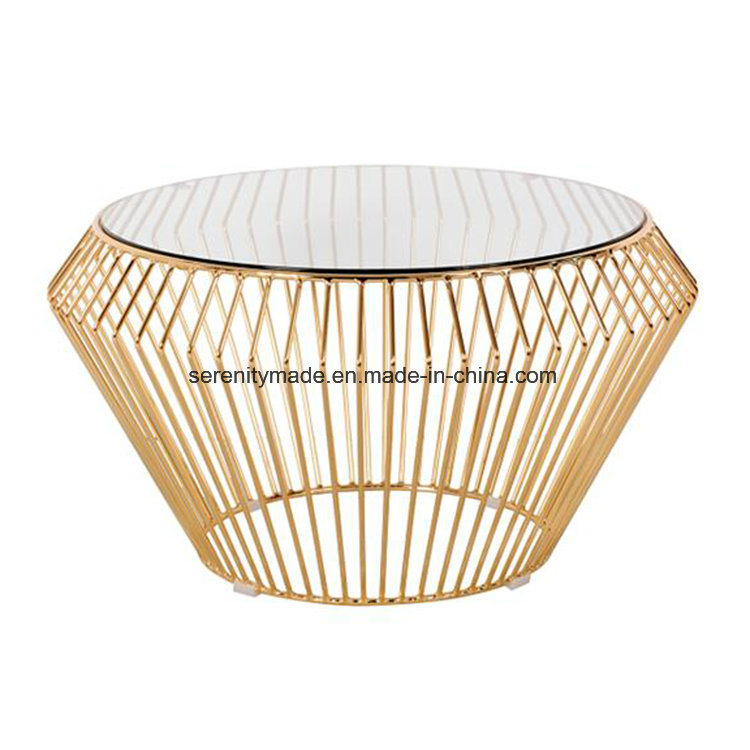 Plated Modern Design Gold Wire Frame Round Shape Coffee Table