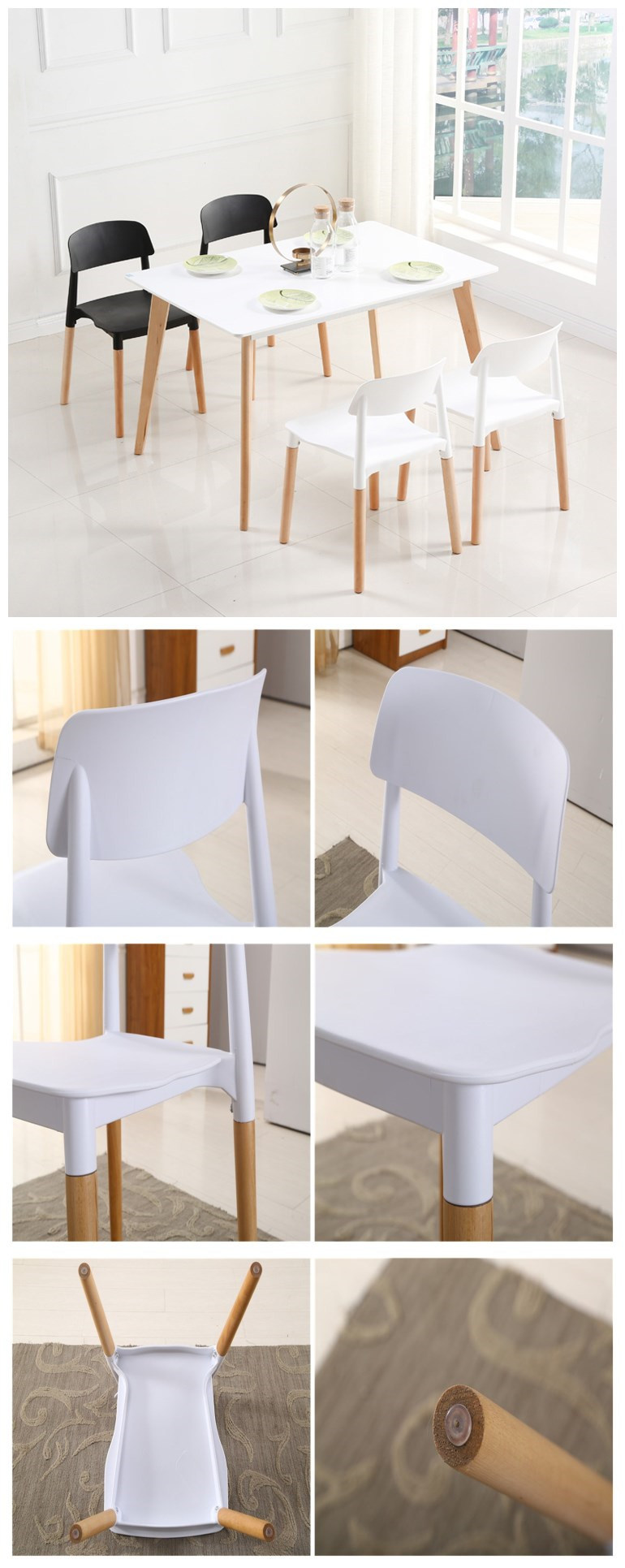 Living Room PP White Plastic Dining Chair with Wooden Legs