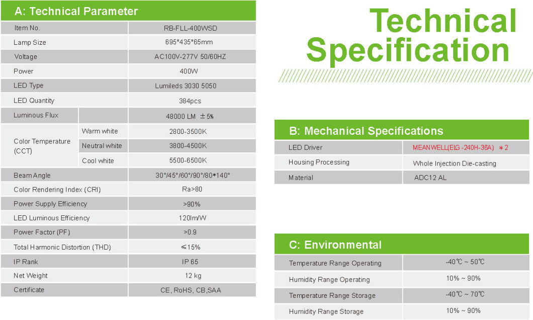 200W 300W 400W 600W 800W 1000W LED Flood Light for Tennis Court and Football Field