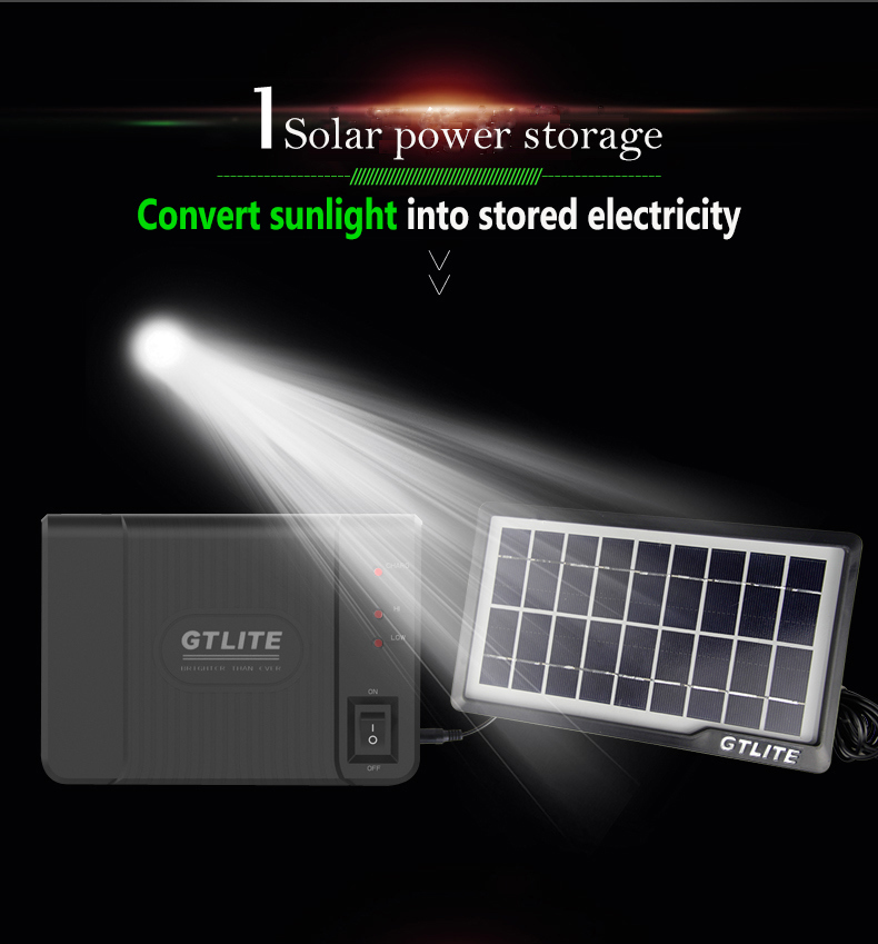 Black Solar Home Light System, USB Cable, Charging for Smart Phone or Other Household Appliances