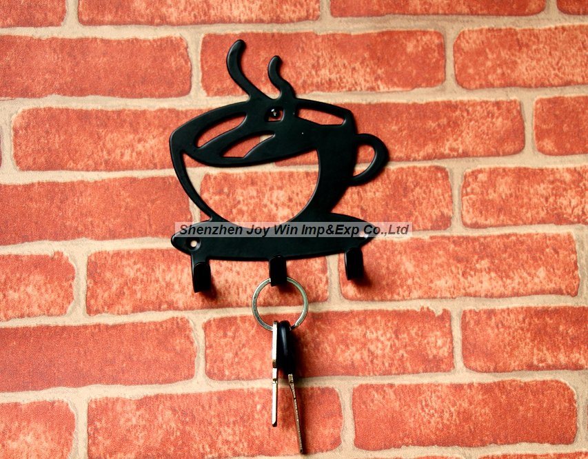 Modern Style Coffee Mug Shape, Decorative Wall Mounted Key Holder, Matte Black with 3 Â  Hooks