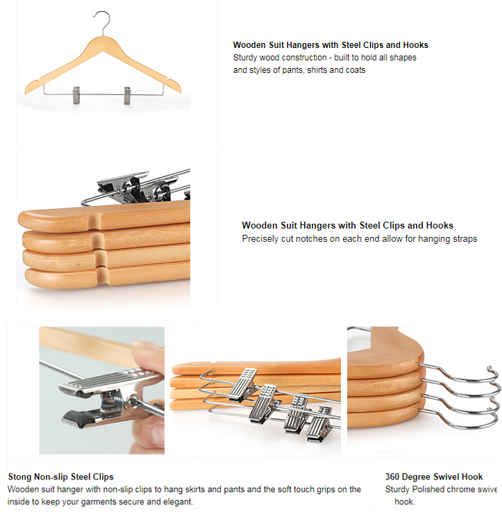 Wholesale Natural Wooden Suit Clothes Hangers with Clips