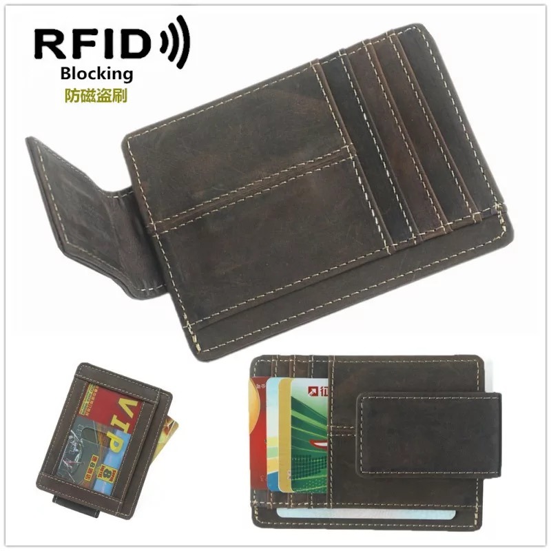 Vintage Leather Credit Card Holder Slim Mini Wallet Magnet Money Clip Wallet