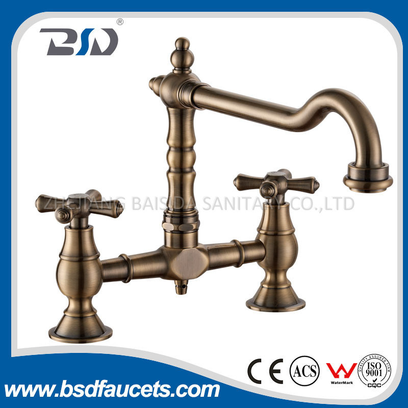 Brass Antique Bronze Wall Mounted Bathroom Kitchen Faucet Two Holes Mixer Tap