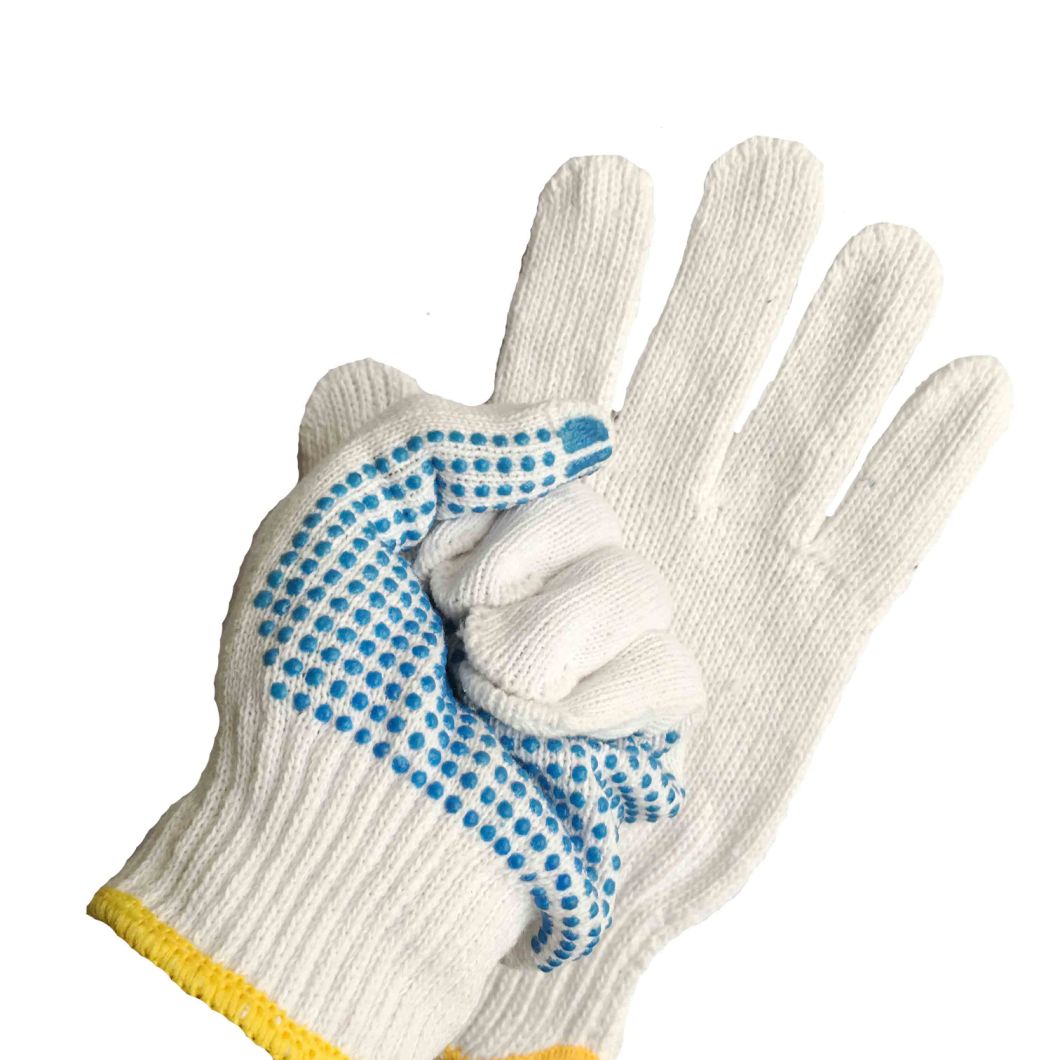 Blue PVC Dotted Natural White Cotton Knitted Gloves