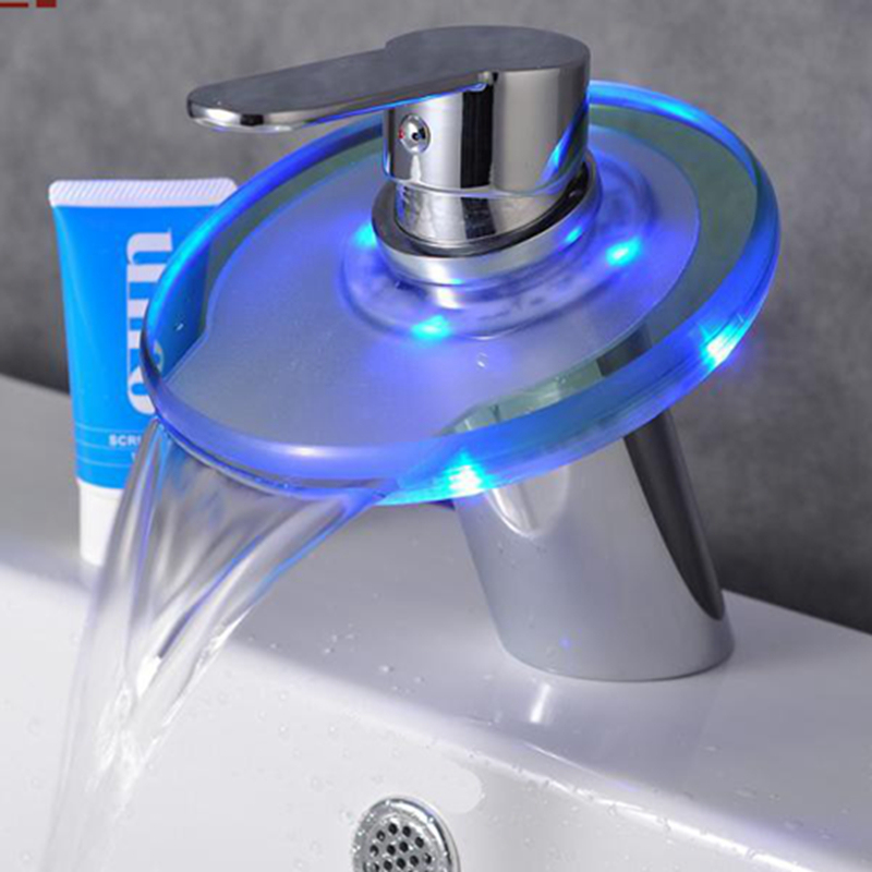 LED Function Bathroom Mixer Glass Waterfall LED Faucet