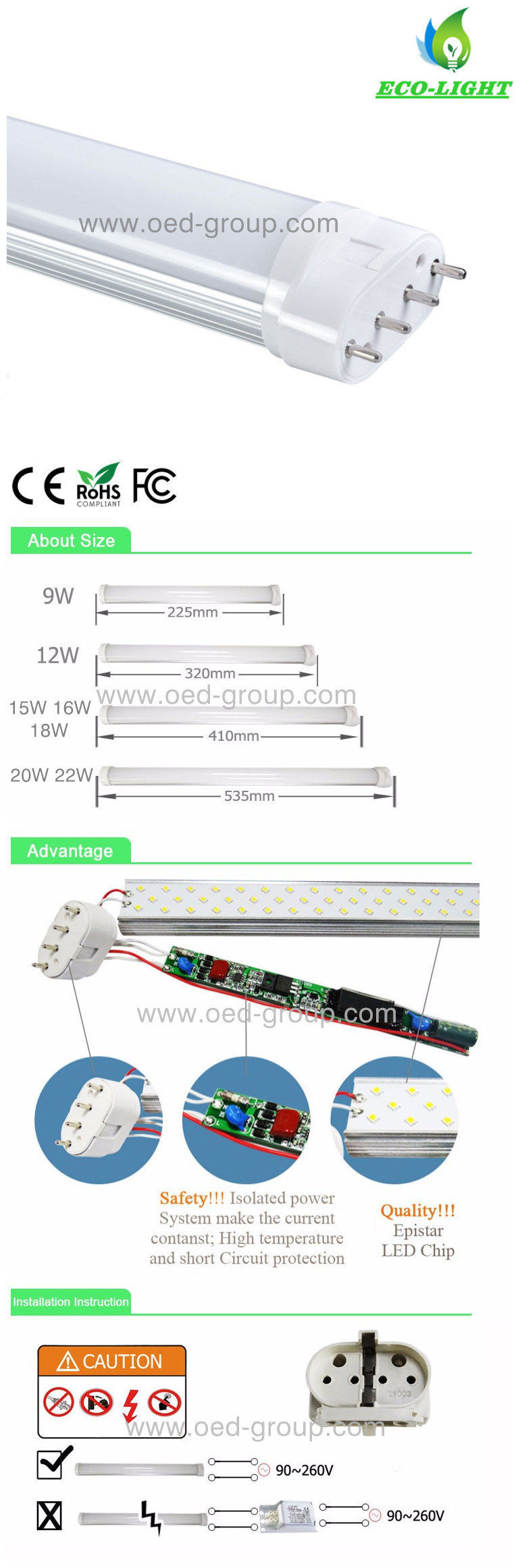 22W 2200lm 2g11 LED Tube with Ce RoHS Approved 2g11 LED Lamp with 4 Pins From Shenzhen Factory