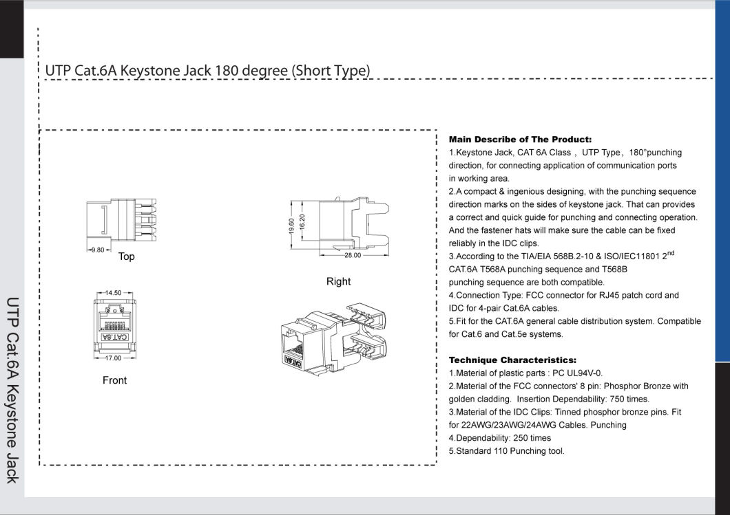 Best Price UTP CAT6A Keystone Jack 180 Degree Short Type