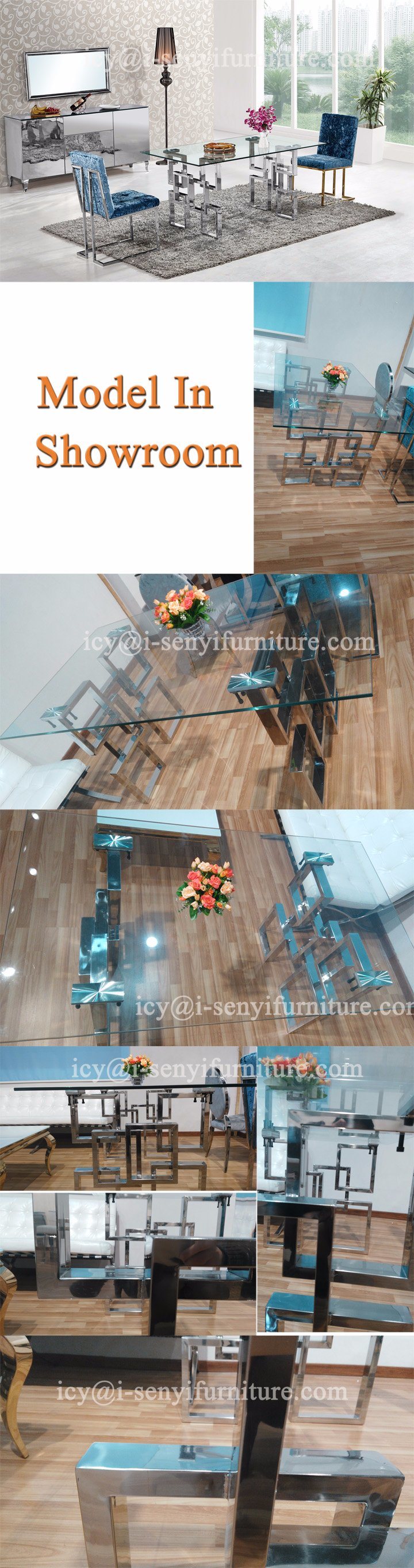 Chinese Style Square Style Tempered Glass Top Stainless Steel Frame Dining Table