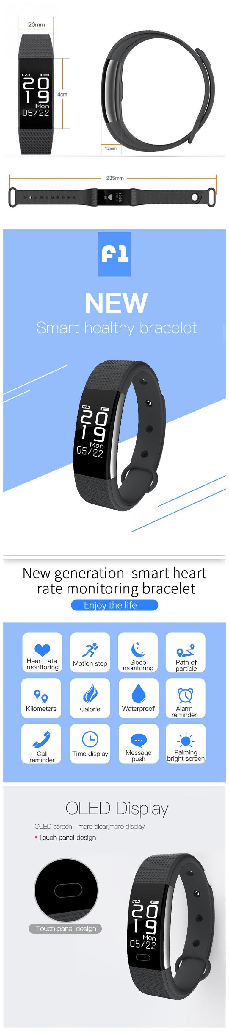 Sport Pedometer Blood Pressure Oxygen Monitor Fitness Tracker Smart OLED Display Bracelet