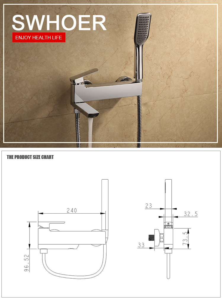 Chrome Wall Mounted Bathtub Mixer Taps with Spout