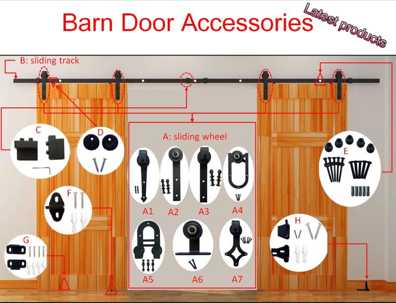 Black Hardware Sliding Barn Door Accessories, Wooden Interior Door with Flat Track
