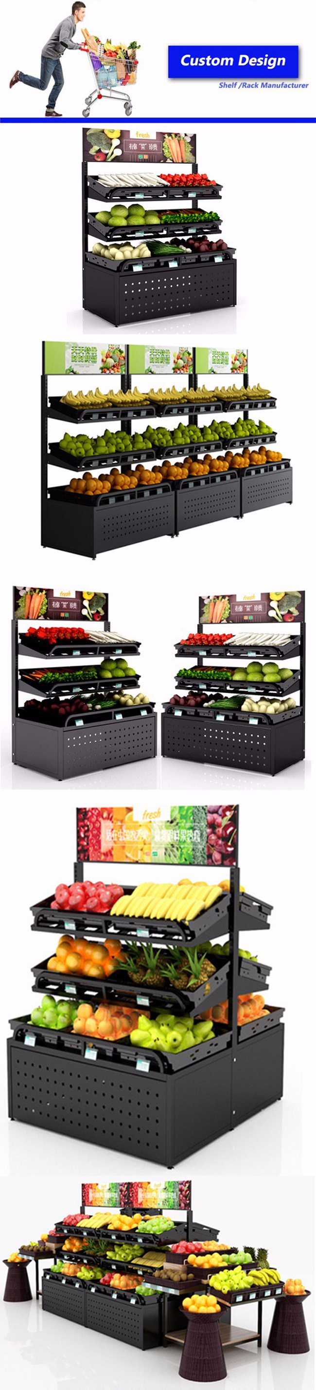 2018 Supermarket Single and Double Side Fruit Vegetable Three Tier Display Rack