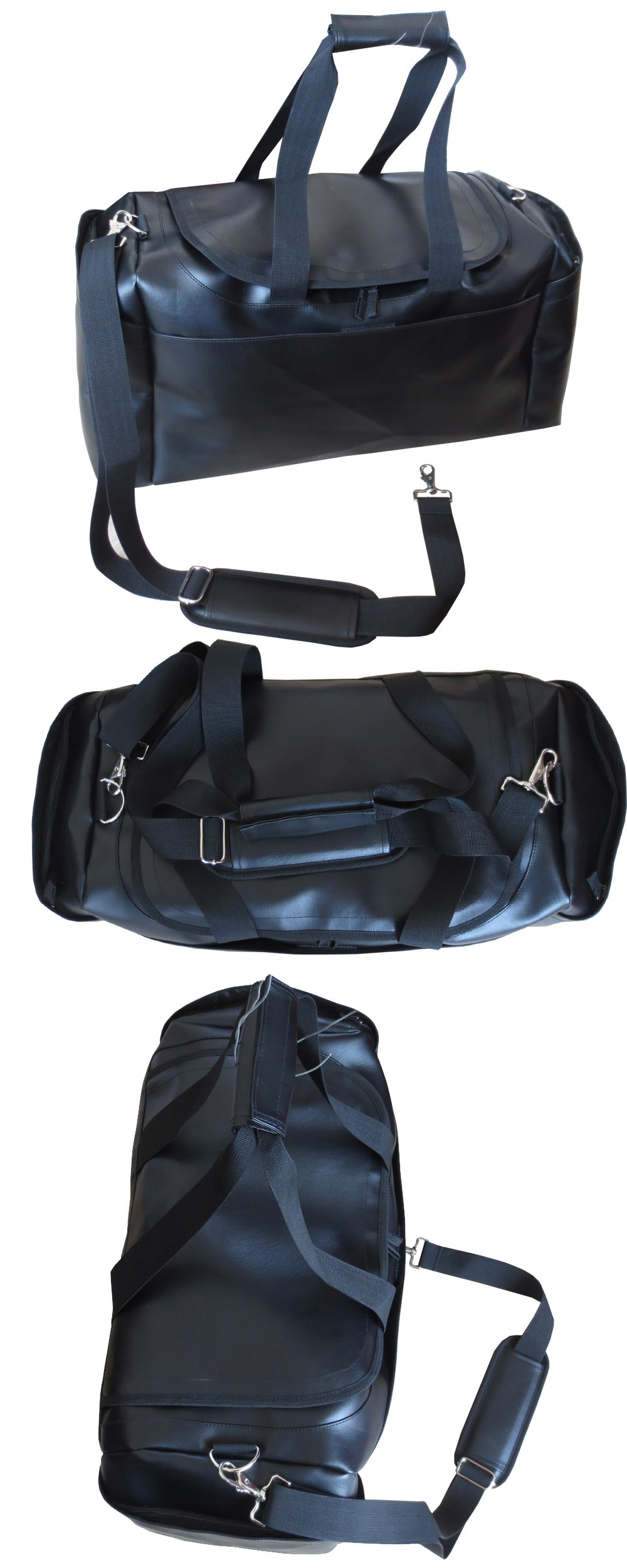 Black Vinyl PU PVC Leather Gym Duffle Travel Bag (LTB150327)